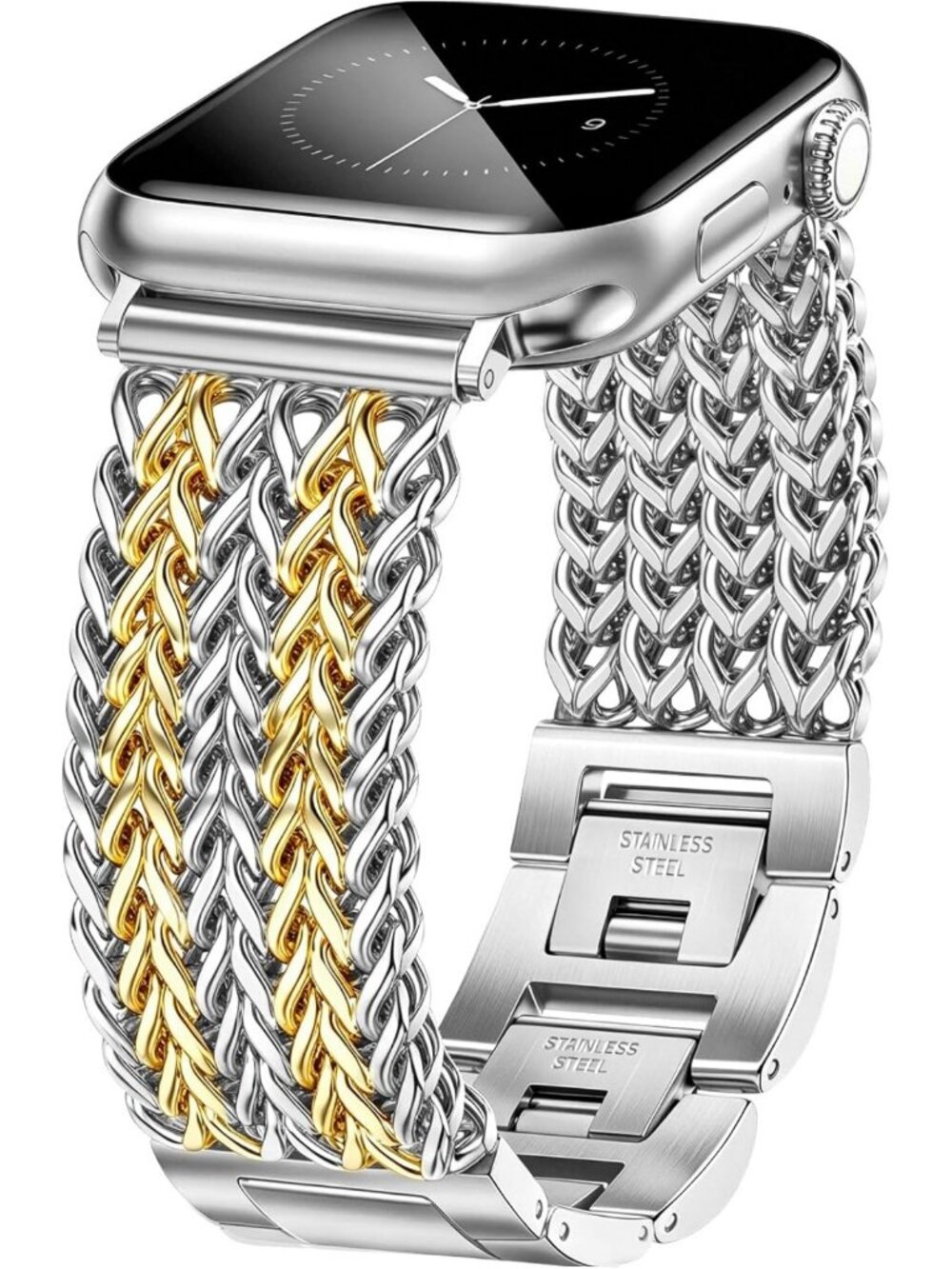 Stylish Gold & Silver Metal Bracelet for Apple Watch 42mm-49mm, Dressy Chain